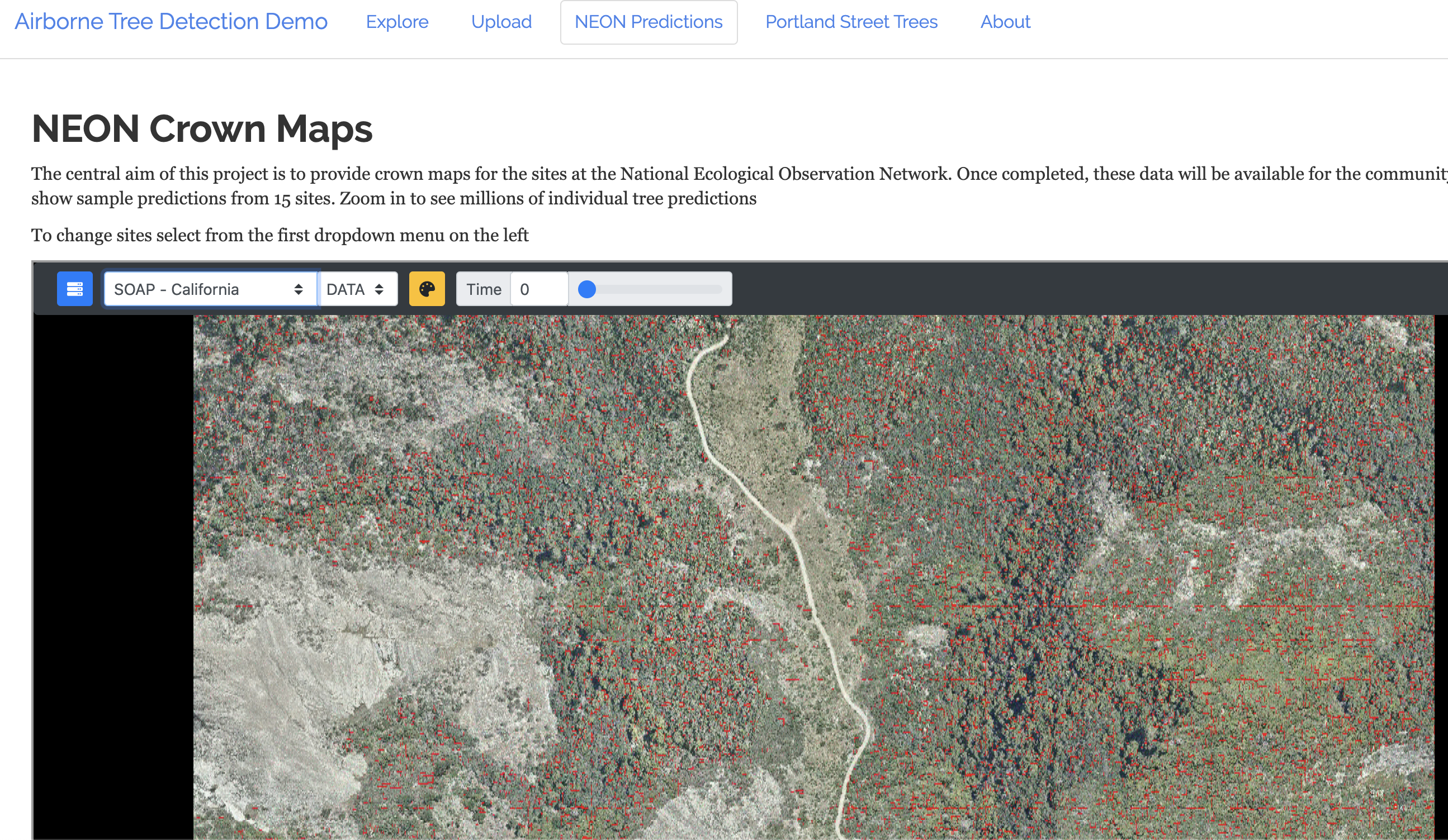 Screenshot of NEON tree crown predictions interface